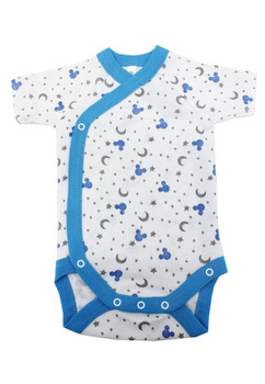 Body maneca scurta, bumbac, Luna si stele, alb cu albastru