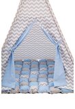 Cort teepee, albastru cu gri, saltea de joaca inclusa