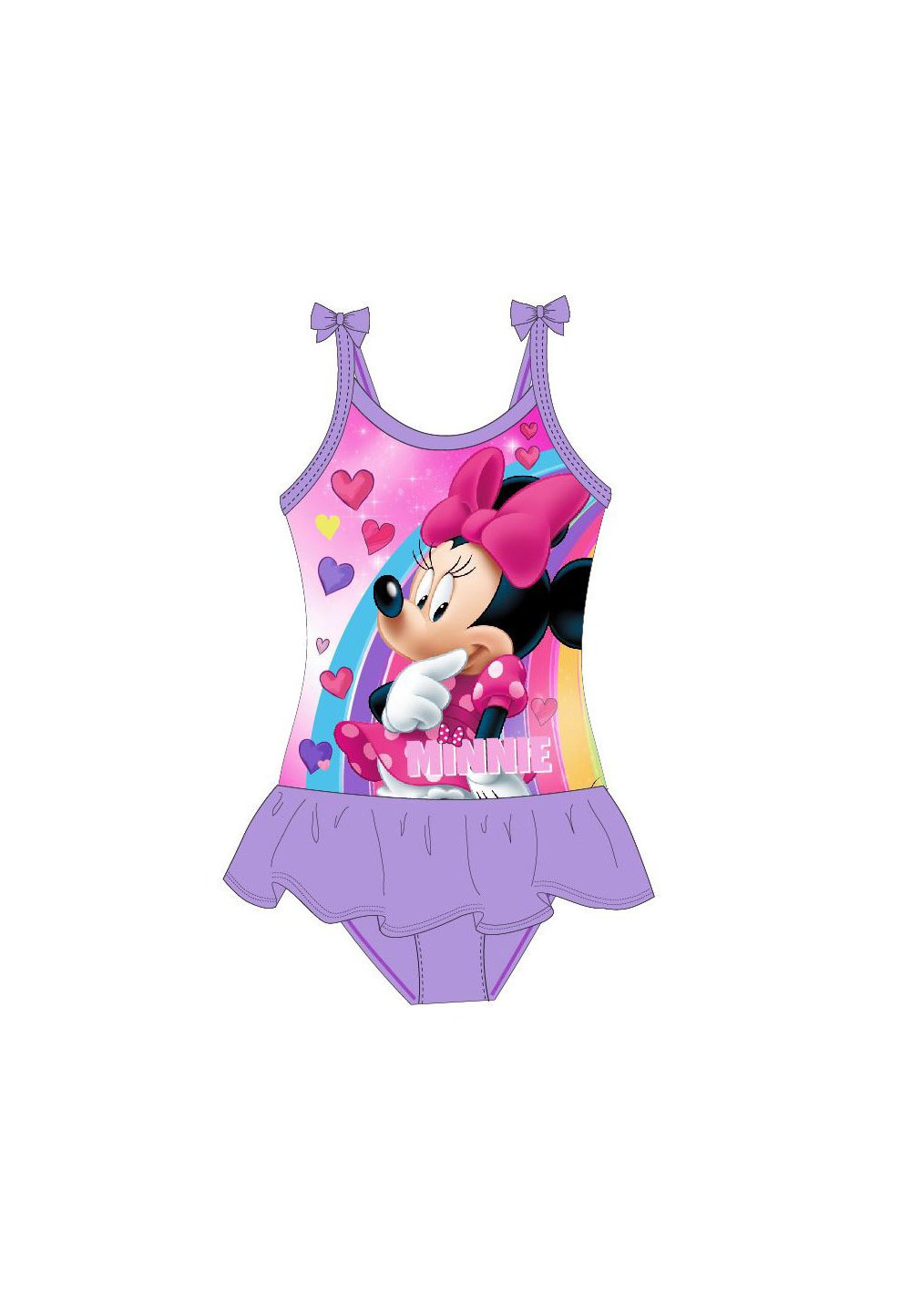 Costum de baie, intreg, Minnie, mov cu inimioare