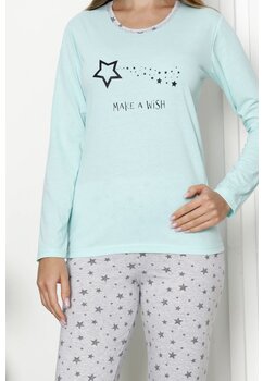 Pijama femei, ML, bumbac, Make a wish, turcoaz