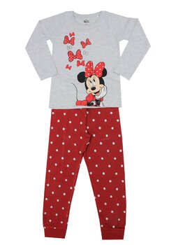 Pijama ML, bumbac, cu imprimeu, Minnie Mouse, gri cu pantalon rosu