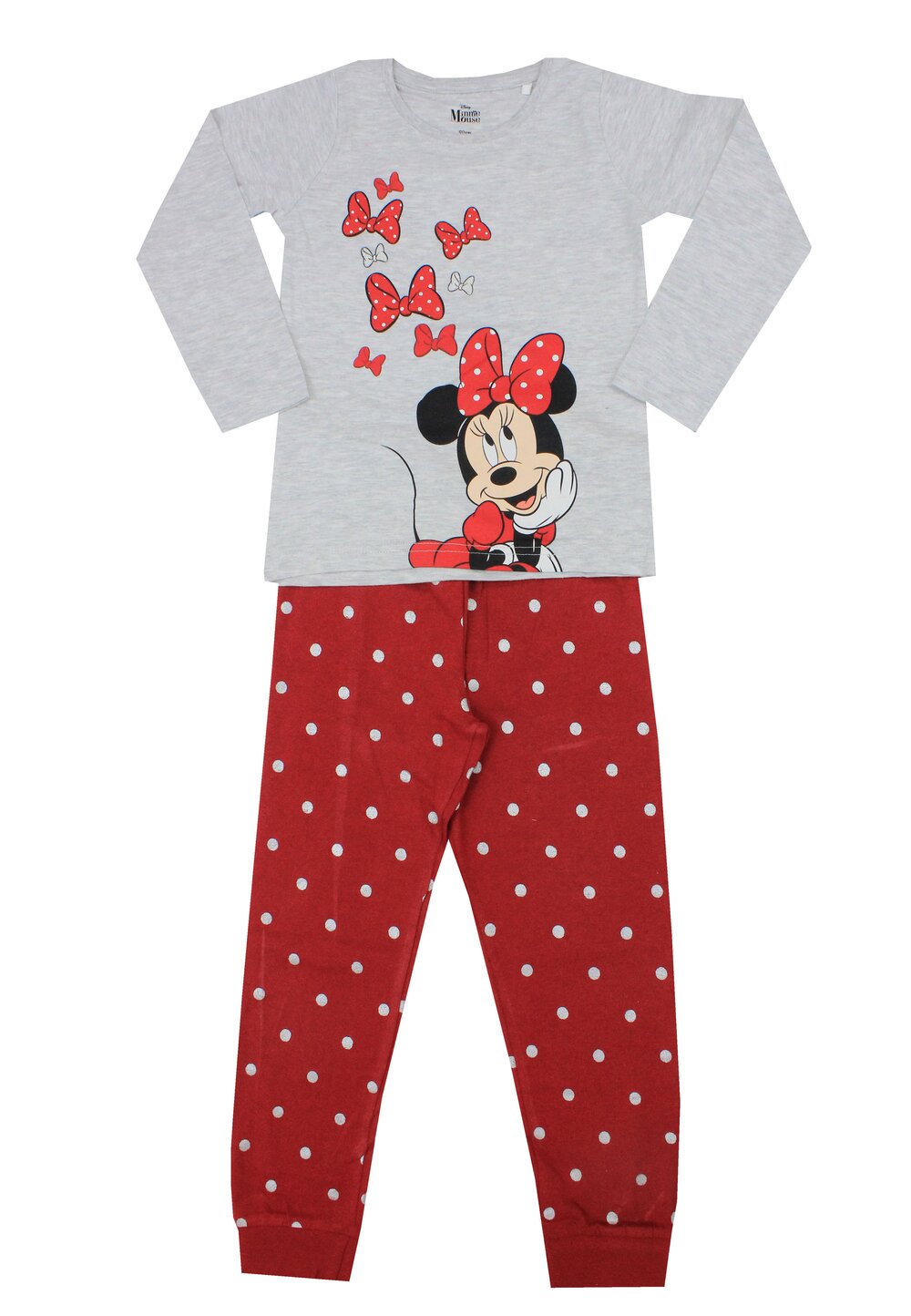 Pijama ML, bumbac, cu imprimeu, Minnie Mouse, gri cu pantalon rosu bumbac