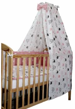 Lenjerie cu baldachin, 6 piese, coronite Princess roz, 120 x 60 cm