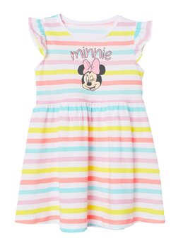 Rochie bumbac, Minnie Mouse, alba cu dungi multicolore
