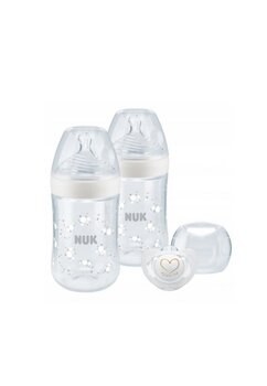 Set 2 biberone si suzeta, Nuk First Choice+, cu senzor de temperatură, My First Nuk, alb, 0-6 luni, 260 ml