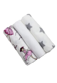 Set 3 scutece, Balerina roz si stelute gri, 80x70 cm