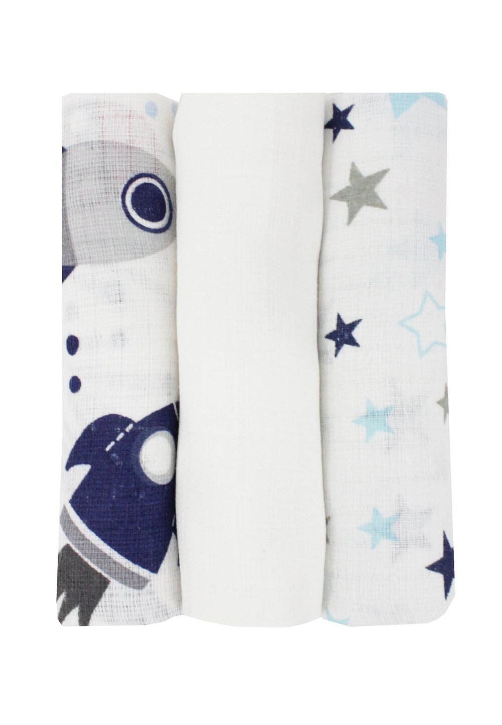 Set 3 scutece, muselina, Rachete si stelute, multicolor, 75 x 70 cm baieti