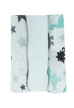Set 3 scutece, muselina, Stele mari gri si Dino, multicolor, 75x70 cm