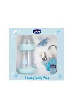 Set biberon, suzeta si lant, Lovely baby boy, albastru, + 0 luni, 150 ml