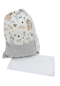Set saculet si prosopel, gradinita, personalizat, un nume, minky gri cu arici