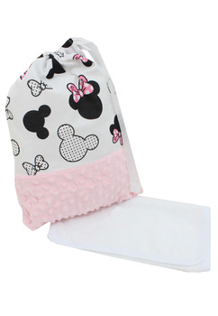 Set saculet si prosopel, gradinita, personalizat, un nume, minky roz cu figurine Minnie