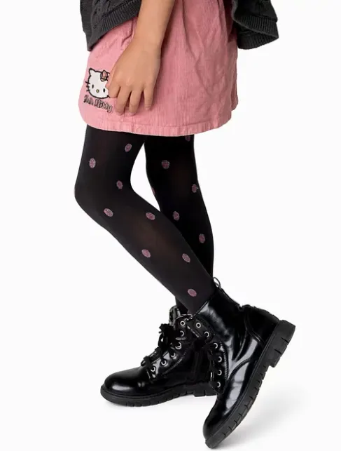 Dresuri copii negre cu buline roz metalizat Knittex Jula 40 den