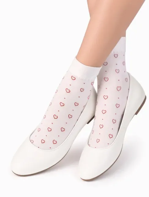 Sosete fete microfibra albe cu inimioare rosii Knittex Cheri Junior 40 den