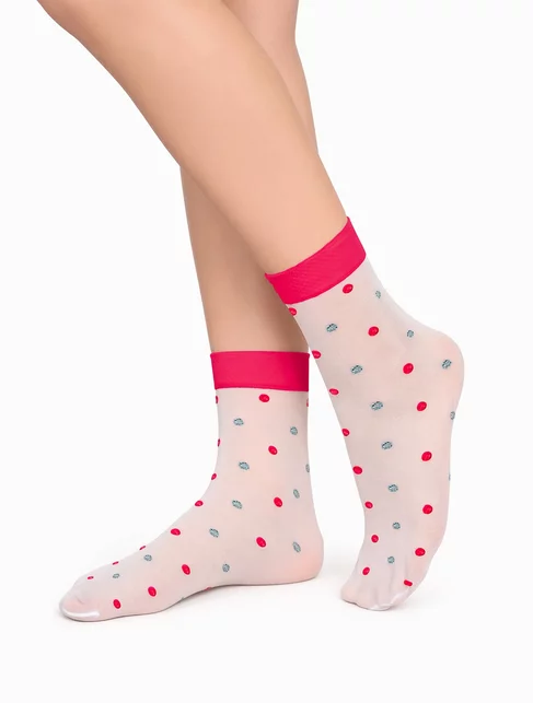 Sosete fete albe cu buline si manseta colorata Knittex Lida 20 den