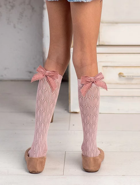 Sosete fete lungi sub genunchi cu model jacard si fundita Knittex Lacey