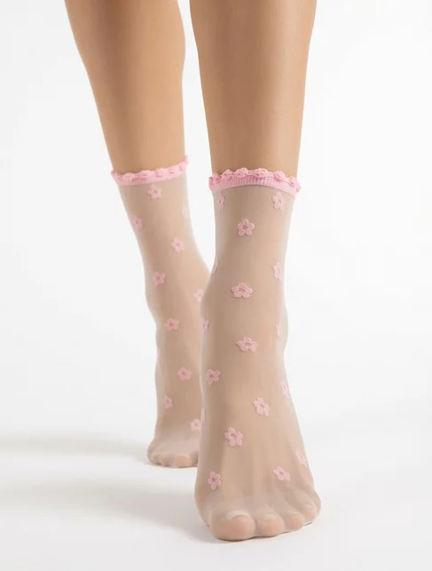 Sosete lycra albe cu margarete rose si banda ajurata Fiore April 15 den