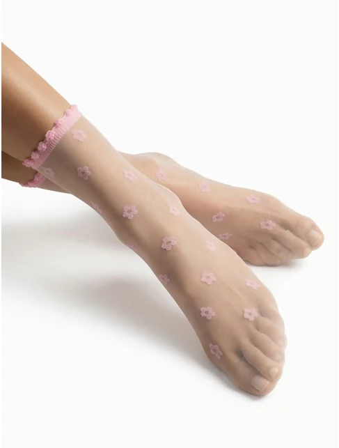 Sosete lycra albe cu margarete rose si banda ajurata Fiore April 15 den