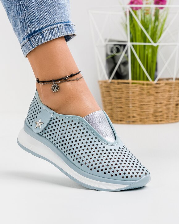 Pantofi Albastri Casual Piele Naturala Cu Accesoriu XH-2074