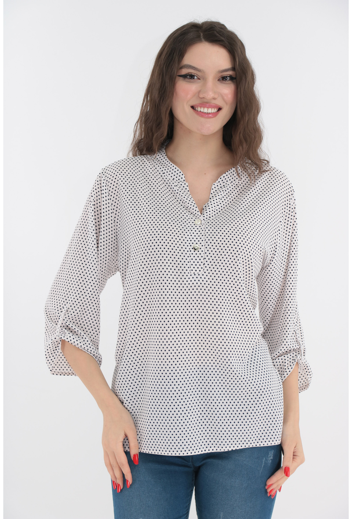 Bluza alba cu buline mici si guler tunica