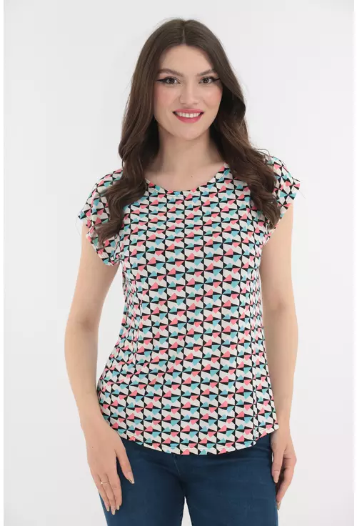 Bluza alba cu imprimeu abstract roz-bleu