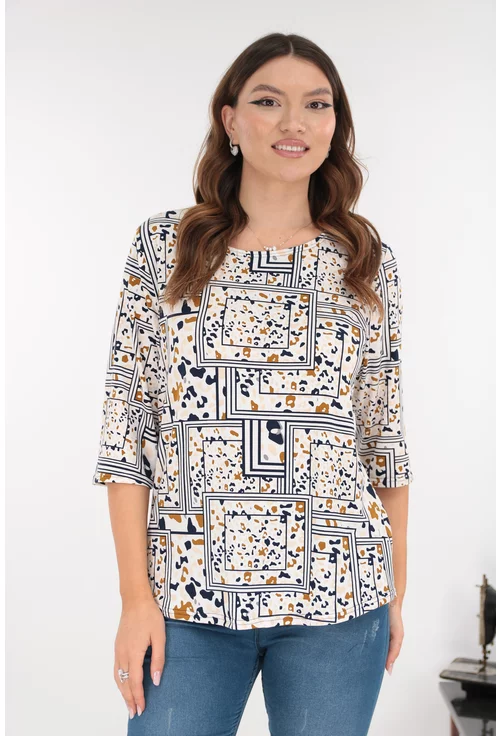 Bluza alba din bumbac cu print abstract bleumarin-bej
