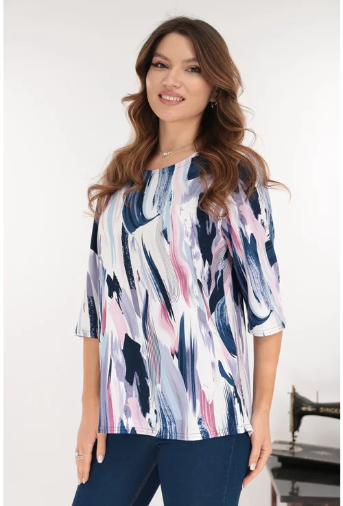 Bluza alba din bumbac cu print abstract roz-albastru