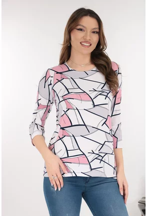 Bluza alba din bumbac cu print abstract roz-gri