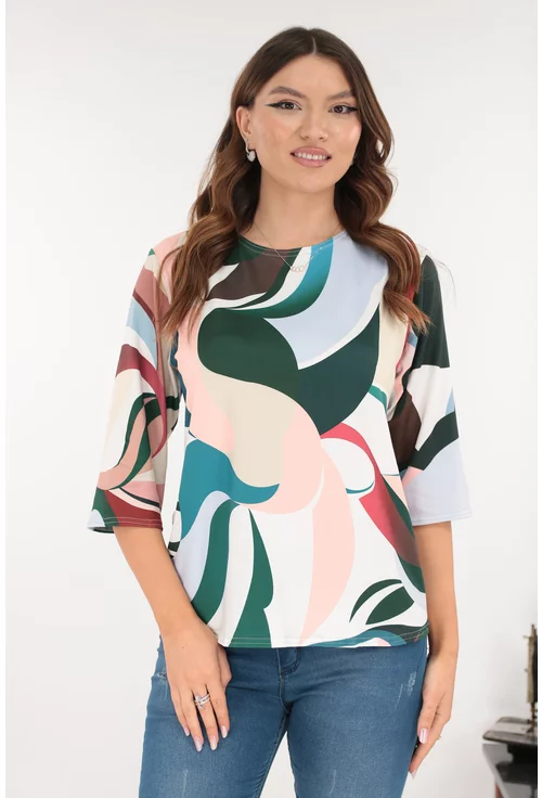 Bluza alba din bumbac cu print abstract verde-roz