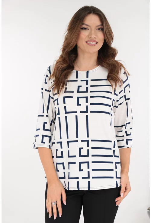 Bluza alba din bumbac cu print geometric bleumarin