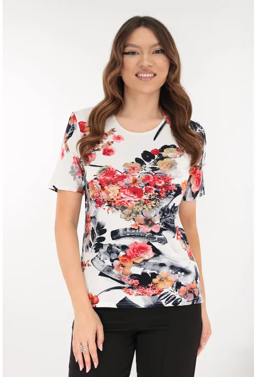 Bluza alba din vascoza cu desen floral rosu