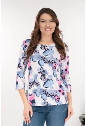 Bluza alba din vascoza cu imprimeu abstract roz-bleu