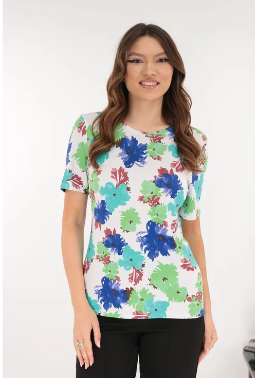 Bluza alba din vascoza cu print floral albastru-verde