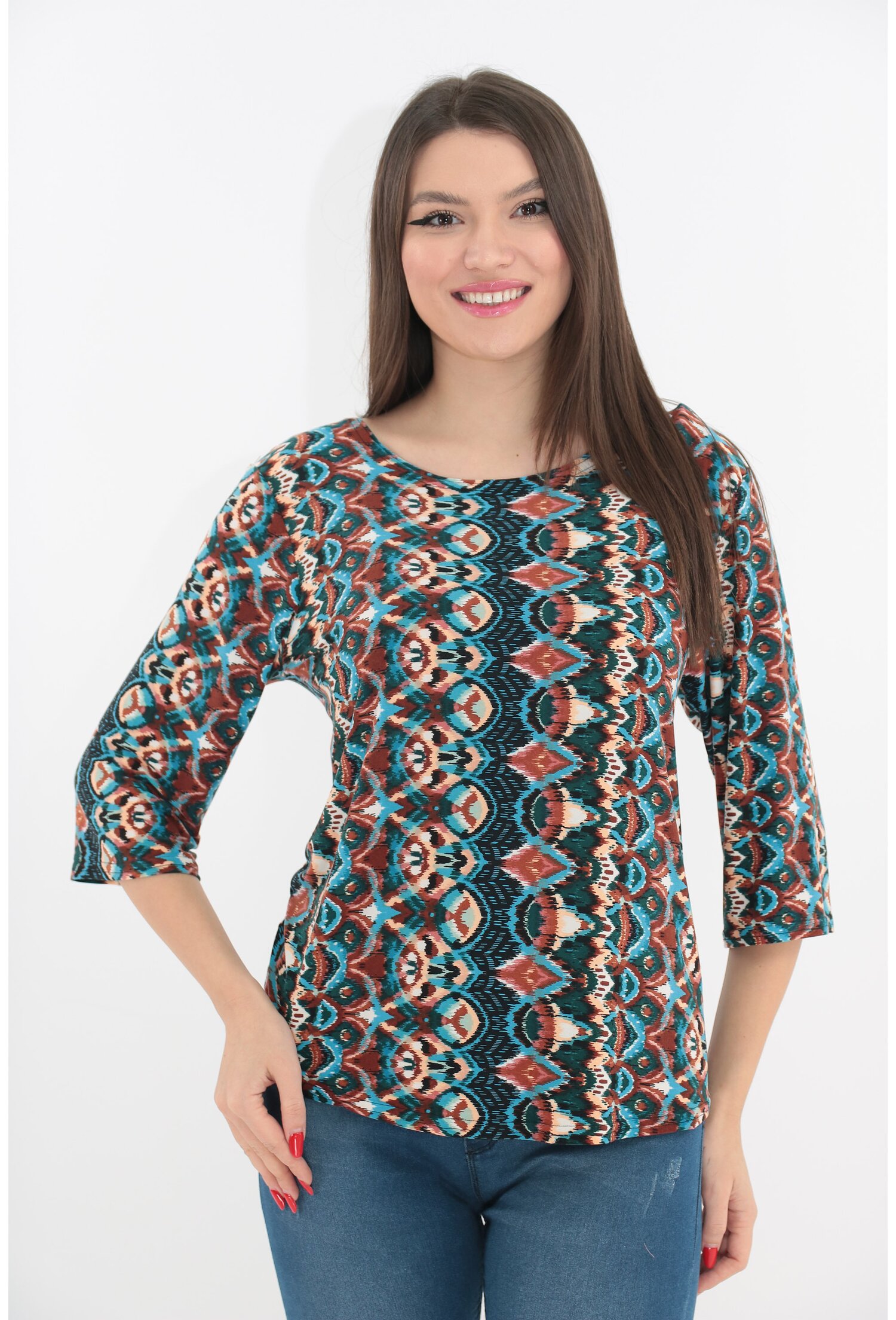 Bluza albastra cu imprimeu abstract maro