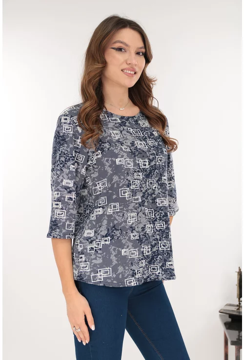 Bluza albastra din bumbac cu print geometric alb