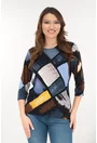 Bluza albastra din bumbac cu print geometric galben-gri