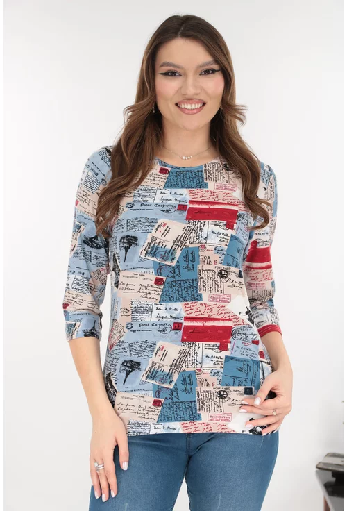 Bluza albastra din vascoza cu imprimeu abstract bordo-bej