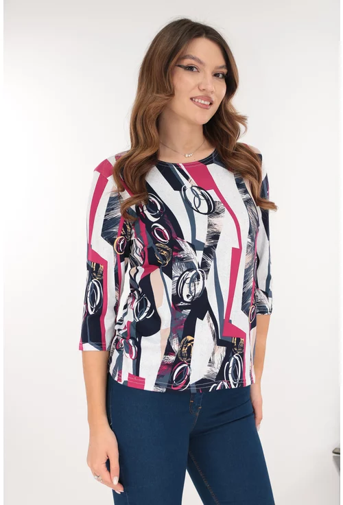 Bluza albastra din vascoza cu imprimeu abstract fucsia-gri