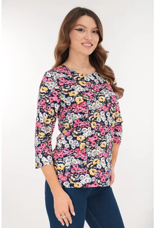 Bluza albastra din vascoza cu imprimeu floral galben-corai