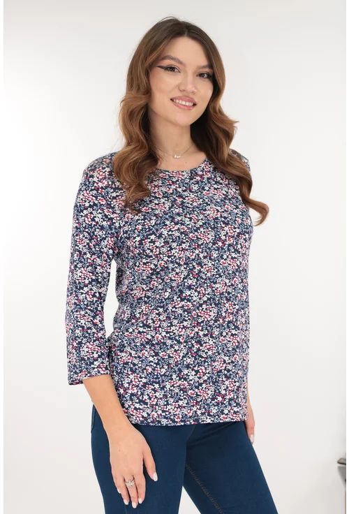 Bluza albastra din vascoza cu imprimeu floral rosu-alb