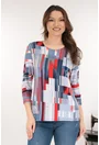 Bluza albastra din vascoza cu imprimeu geometric rosu