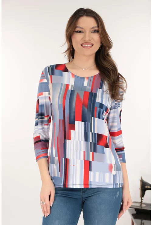 Bluza albastra din vascoza cu imprimeu geometric rosu