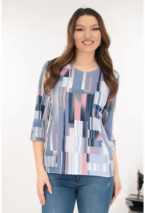 Bluza albastra din vascoza cu imprimeu geometric roz