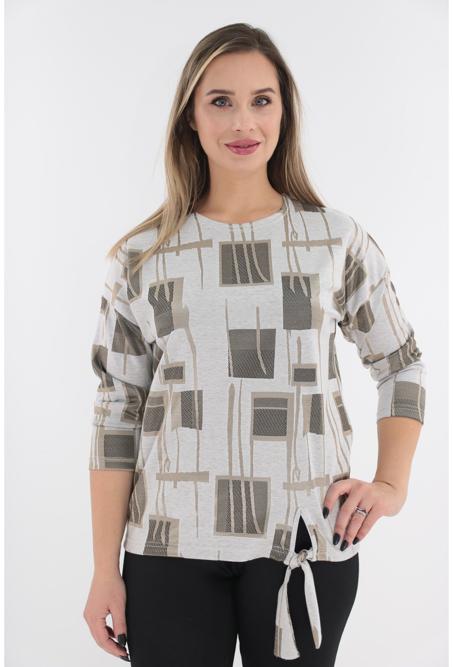 Bluza bej din jerse fin cu model geometric auriu