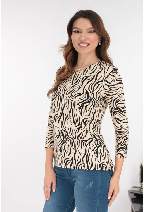 Bluza bej din vascoza cu imprimeu abstract negru