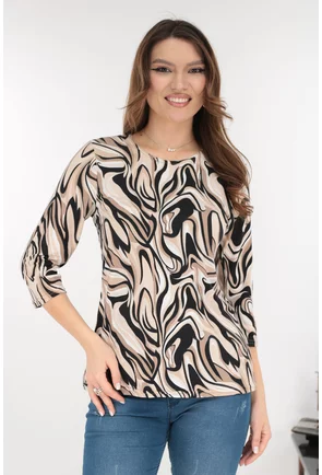 Bluza bej din vascoza cu imprimeu abstract negru