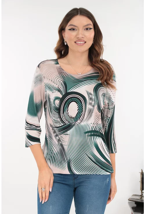 Bluza bej din vascoza cu imprimeu abstract verde
