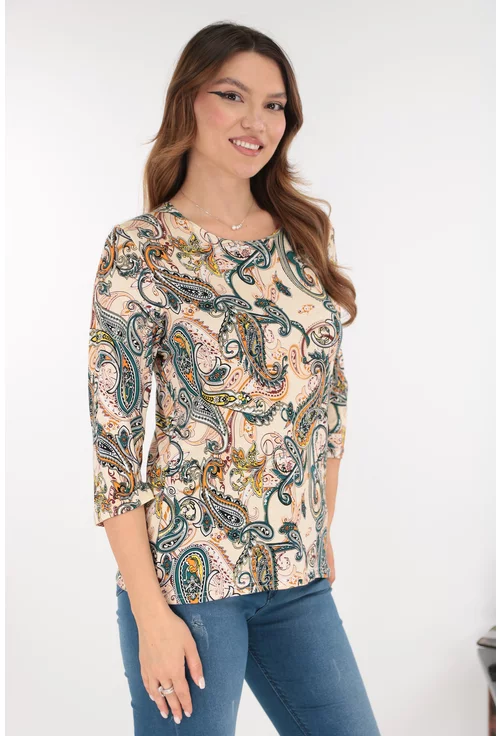 Bluza bej din vascoza cu print abstract caramiziu-turcoaz