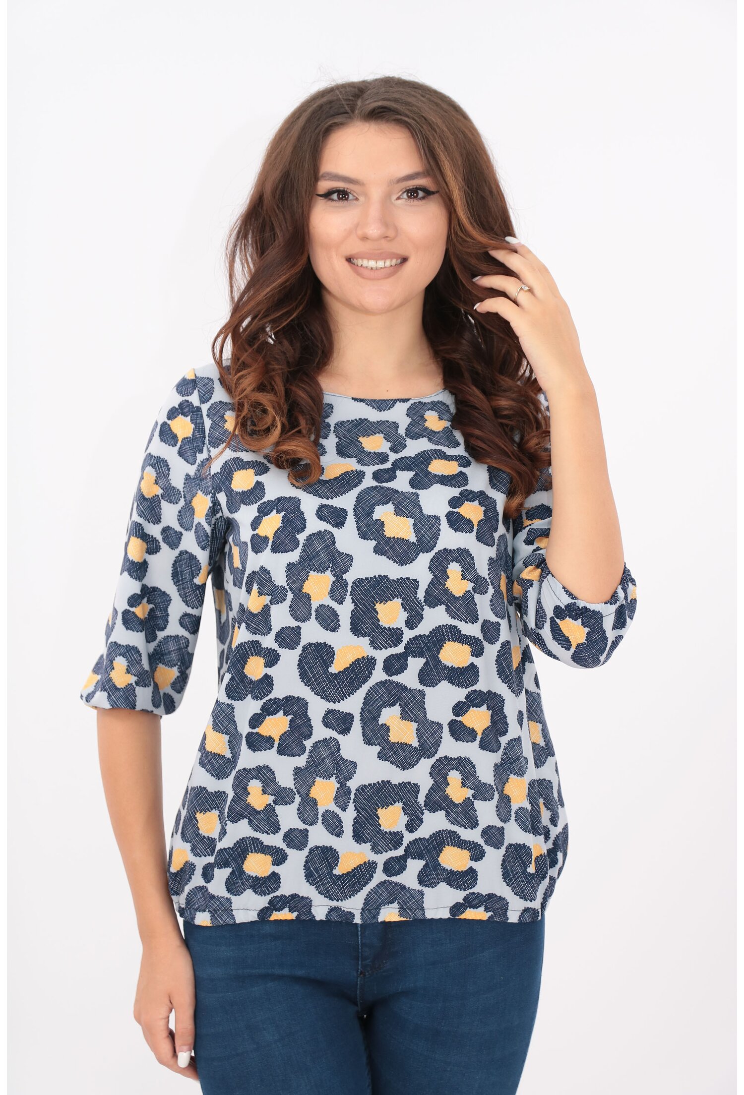 Bluza bleu cu desen bleumarin si mustar