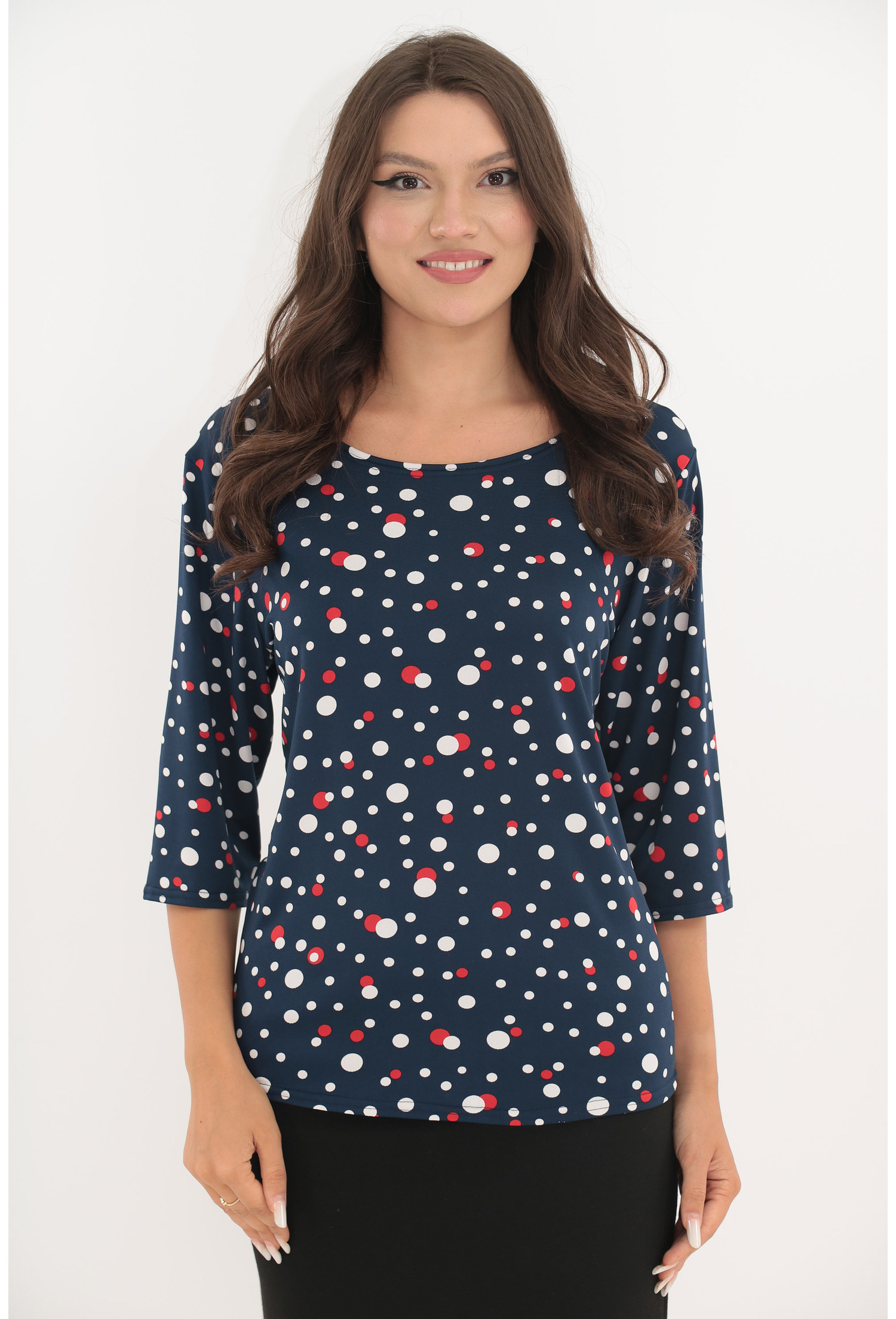 Bluza bleumarin cu buline albe si rosii