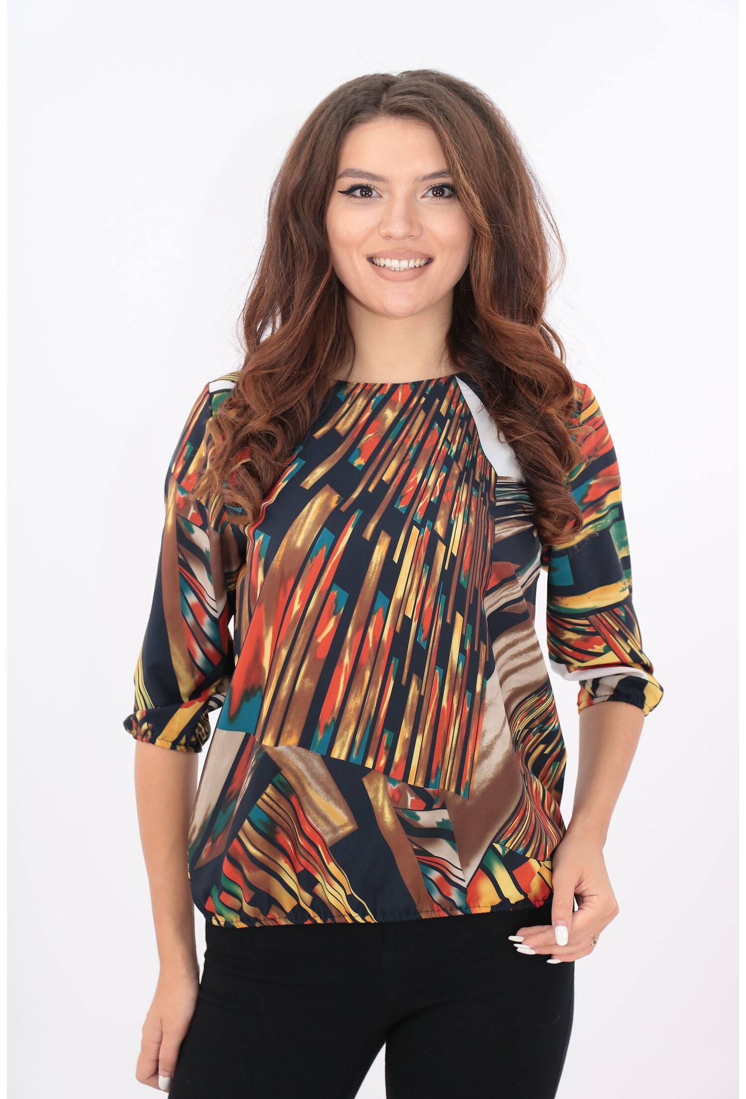 Bluza bleumarin cu desen abstract caramiziu mustar